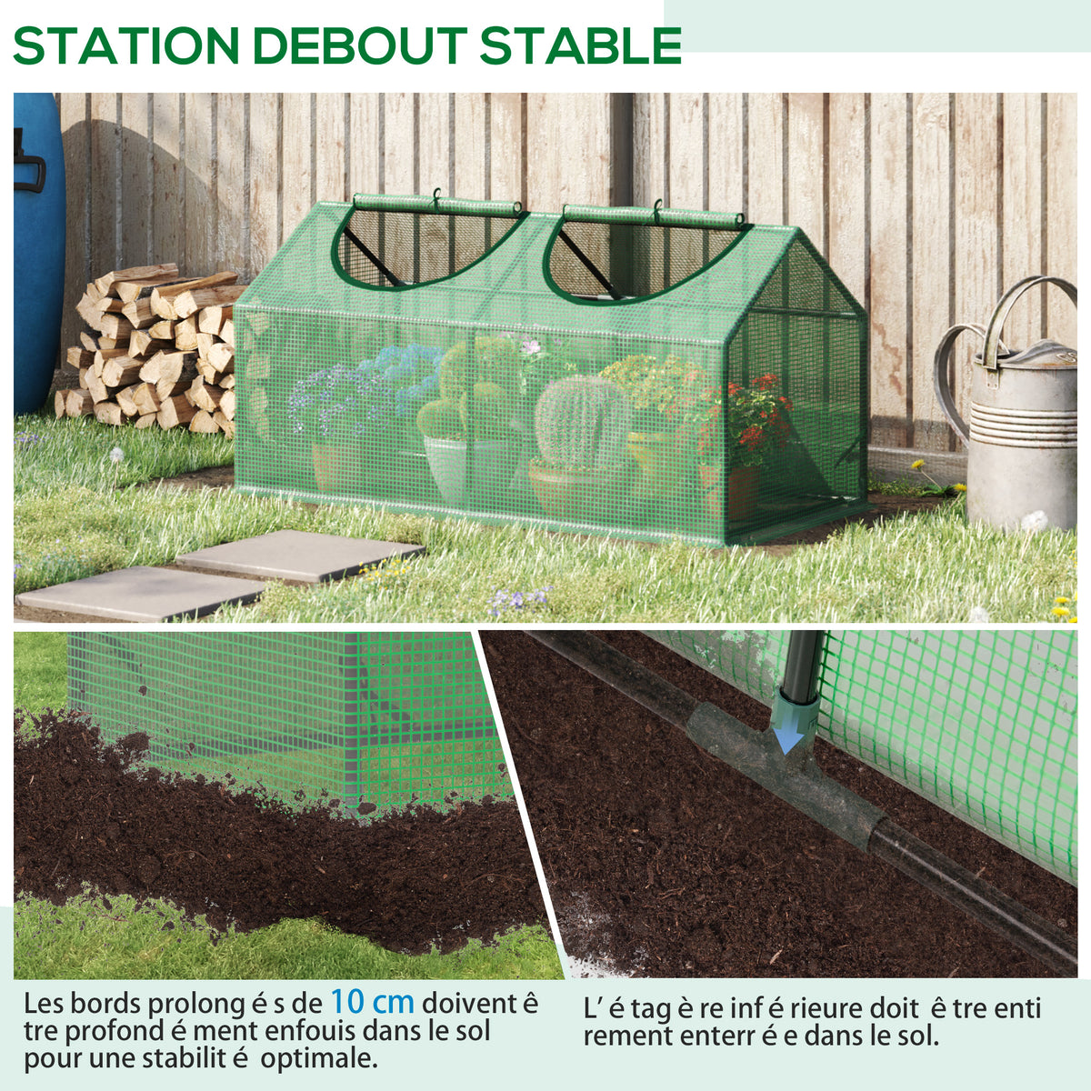Serre de jardin mini serre 2 fenêtres enroulables couverture en PE haute densité 140 g/m² 120 x 60 x 60 cm vert foncé