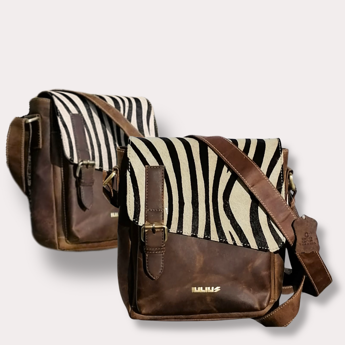 Bandolera de Cuero Genuino con Solapa de Pelo Natural Estampado Cebra – IULIUS
