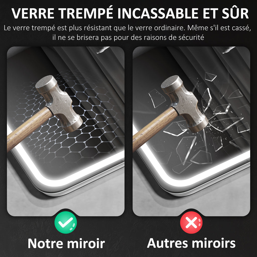 Miroir salle de bain Bluetooth avec éclairage LED 50 x 70 cm, miroir lumineux mural avec horloge, antibuée, argenté