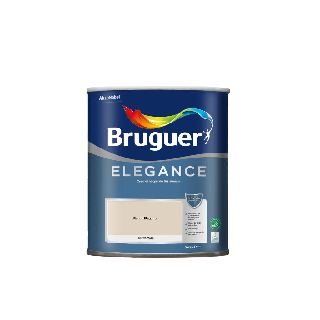 Bruguer ELEGANCE Pintura Monocapa ExtraMate, Paredes y Techos, Interior, Exterior protegido, Alta Durabilidad, UltraLavable, Resistente al Desgaste y Manchas Blanco 750 ml