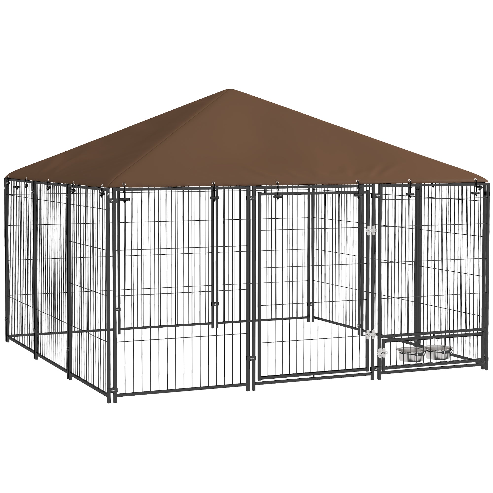 Chenil extérieur pour chiens en acier et tissu Oxford avec support gamelle toit 211 x 211 x 151 cm noir et café