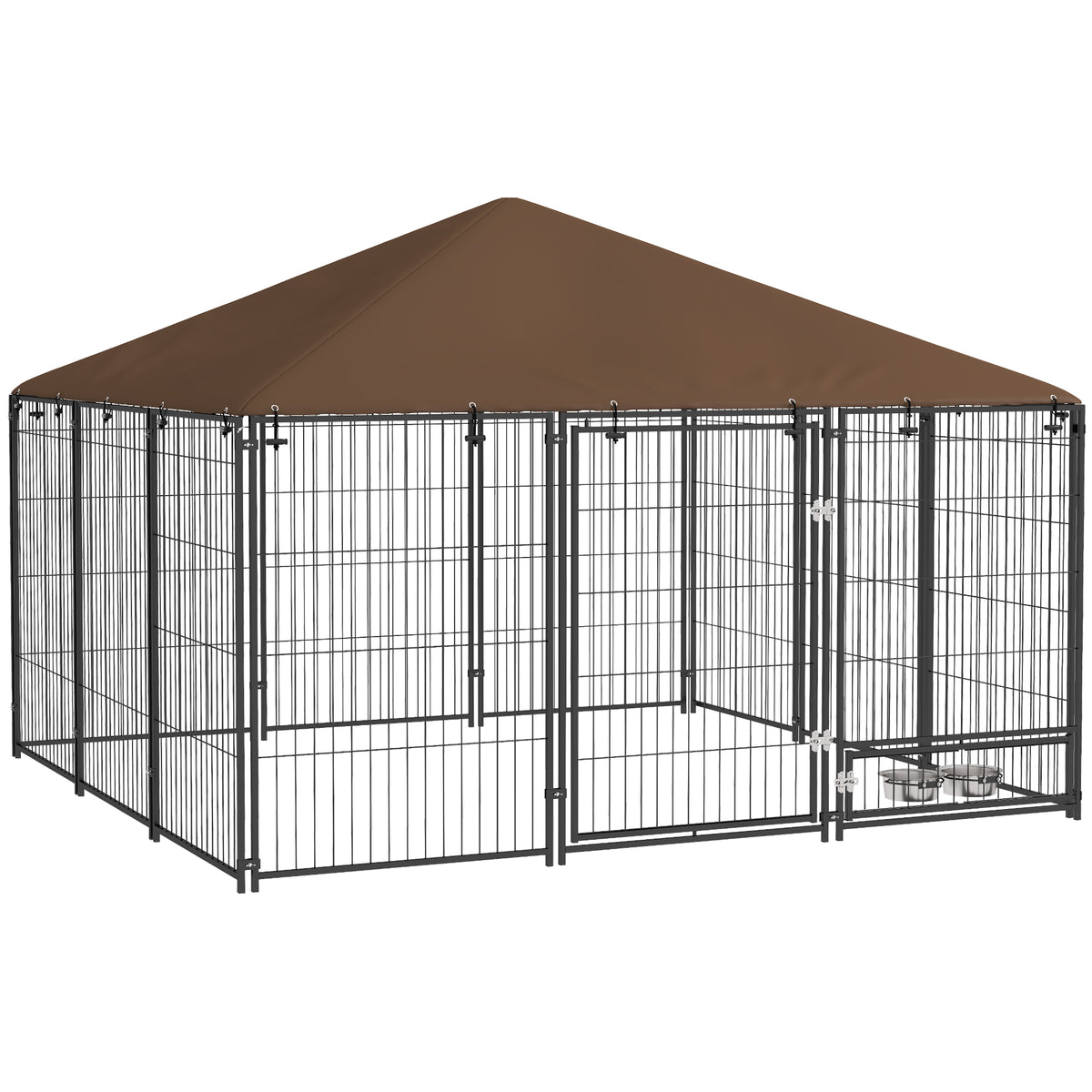 Chenil extérieur pour chiens en acier et tissu Oxford avec support gamelle toit 211 x 211 x 151 cm noir et café