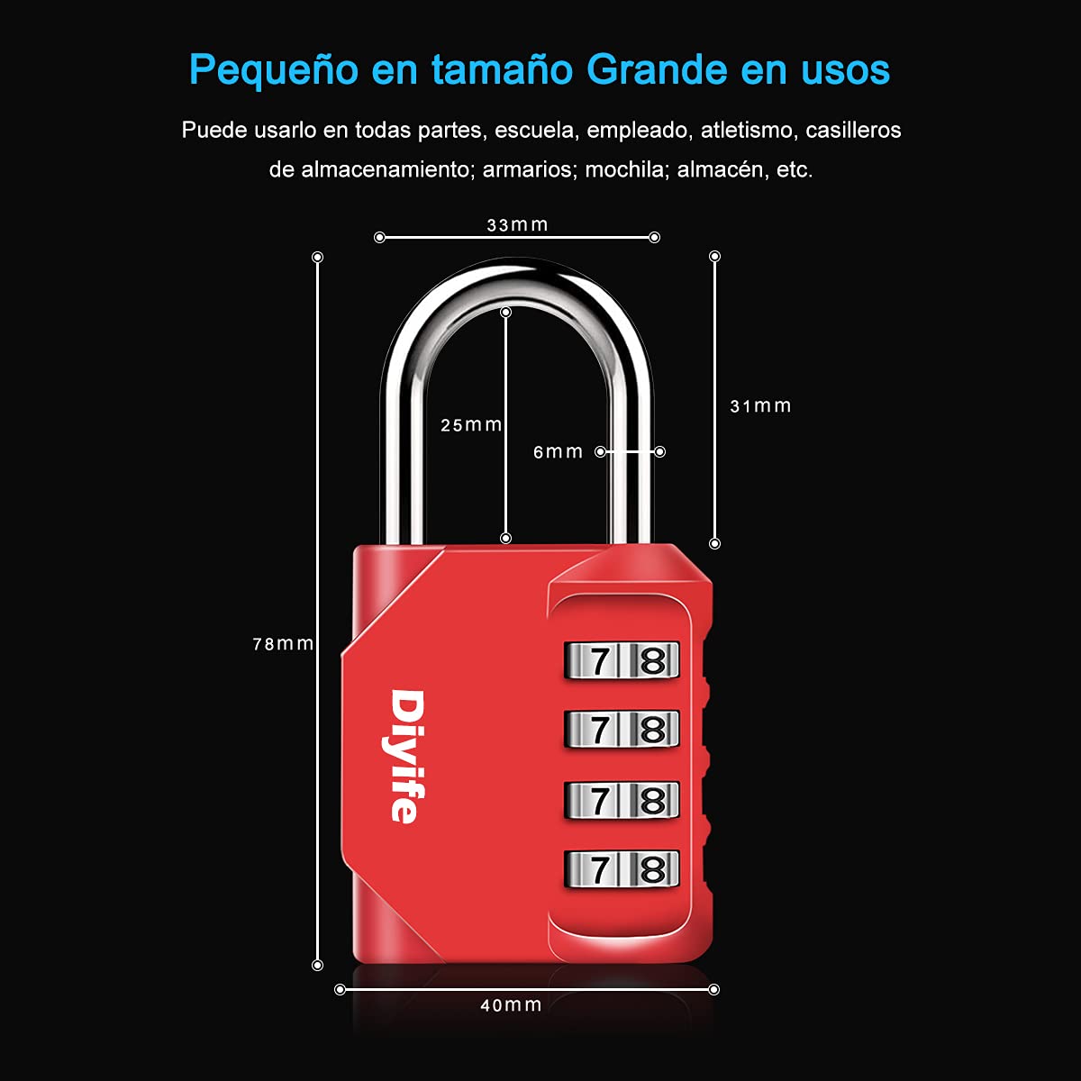 Candado Combinacion, Diyife Impermeable Candado Taquilla, Candado Seguridad 4 Dígitos, Candado para El Casillero del Gimnasio Escolar, Archivadores, Caja De Herramientas,Cerca, Cerrojo (Rojo)