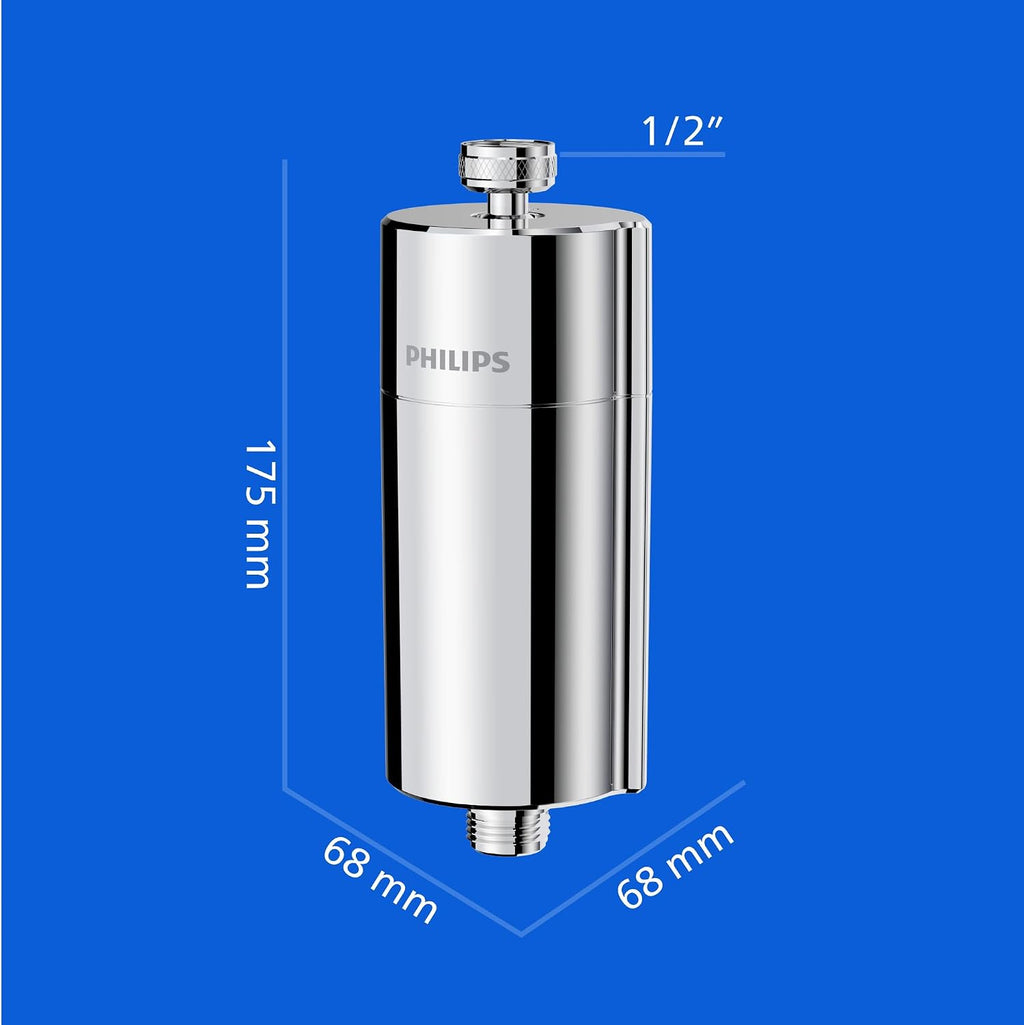 Philips Water Filtro de ducha en línea + 3 cartuchos de repuesto, reduce hasta un 99 % de CLORO, CROMADO, capacidad de filtración de 50 000 L por filtro