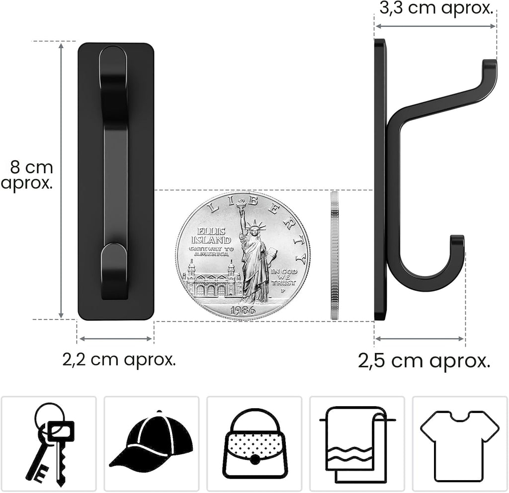 pickpiff Ganchos Adhesivos para Pared, Resistentes 6kg, Sin Taladrar, Impermeable, Colgadores para Baño Cocina Abrigos, Perchas Adhesivas de Acero Inoxidable, Negro, 6 Piezas