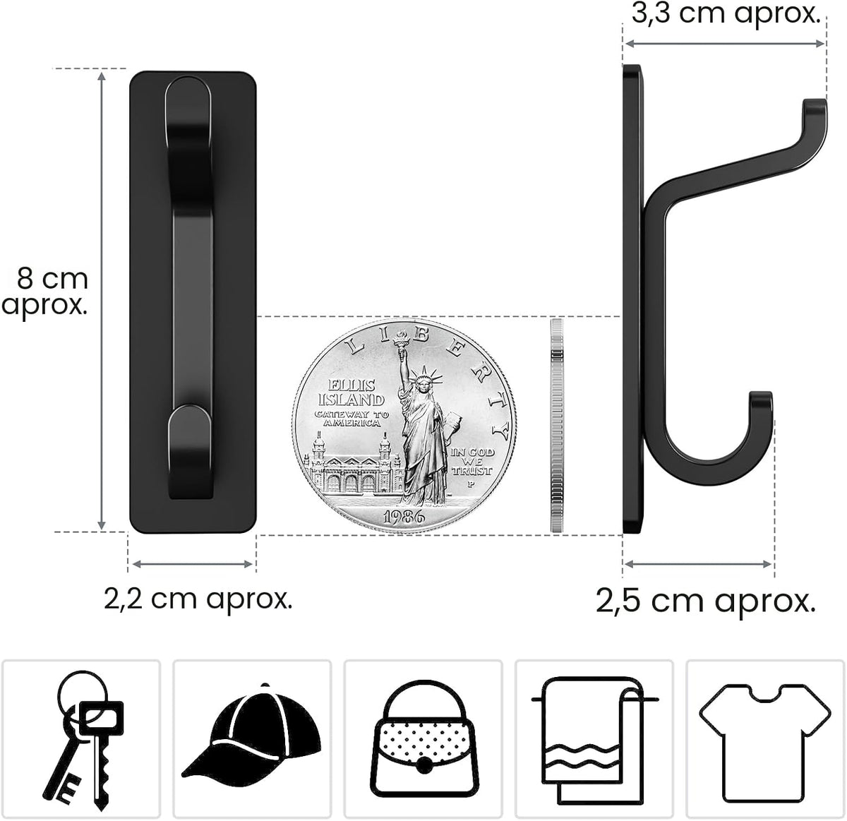pickpiff Ganchos Adhesivos para Pared, Resistentes 6kg, Sin Taladrar, Impermeable, Colgadores para Baño Cocina Abrigos, Perchas Adhesivas de Acero Inoxidable, Negro, 6 Piezas
