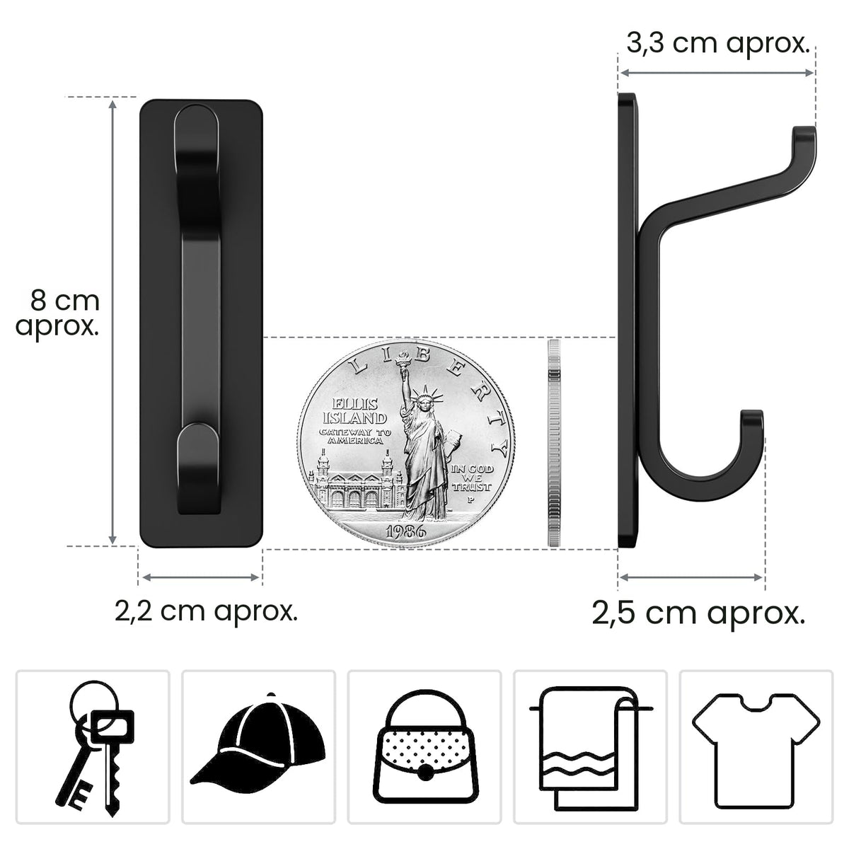 pickpiff Ganchos Adhesivos para Pared, Resistentes 6kg, Sin Taladrar, Impermeable, Colgadores para Baño Cocina Abrigos, Perchas Adhesivas de Acero Inoxidable, Negro, 6 Piezas