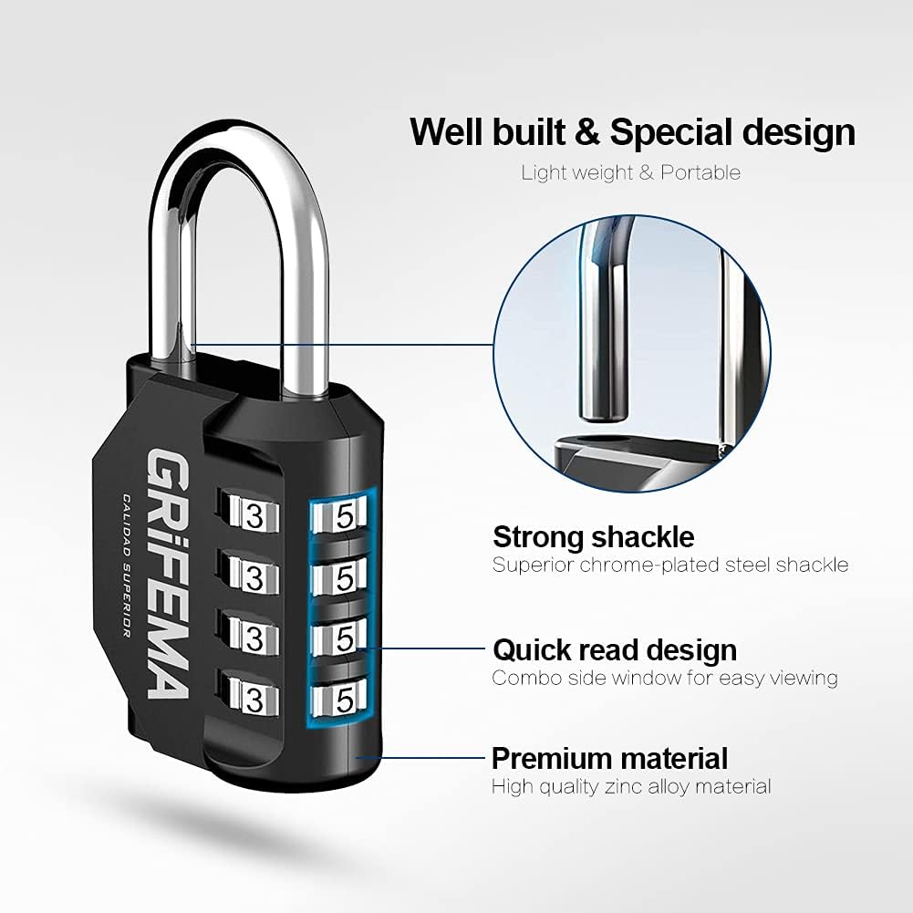 GRIFEMA GA1001 Candado de Combinación, Cerradura de Combinación de 4 Dígitos , 2 Piezas, Adecuada para Gimnasio, Maleta de Equipaje y Caja de Herramientasetc Etc, Negro[Exclusivo en Amazon]