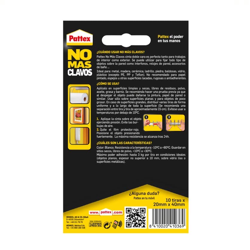 Pattex No Más Clavos Cinta, cinta adhesiva para aplicaciones permanentes, cinta de doble cara extrafuerte, adhesivo de montaje para interior y exterior, 19 mm x 1,5 m