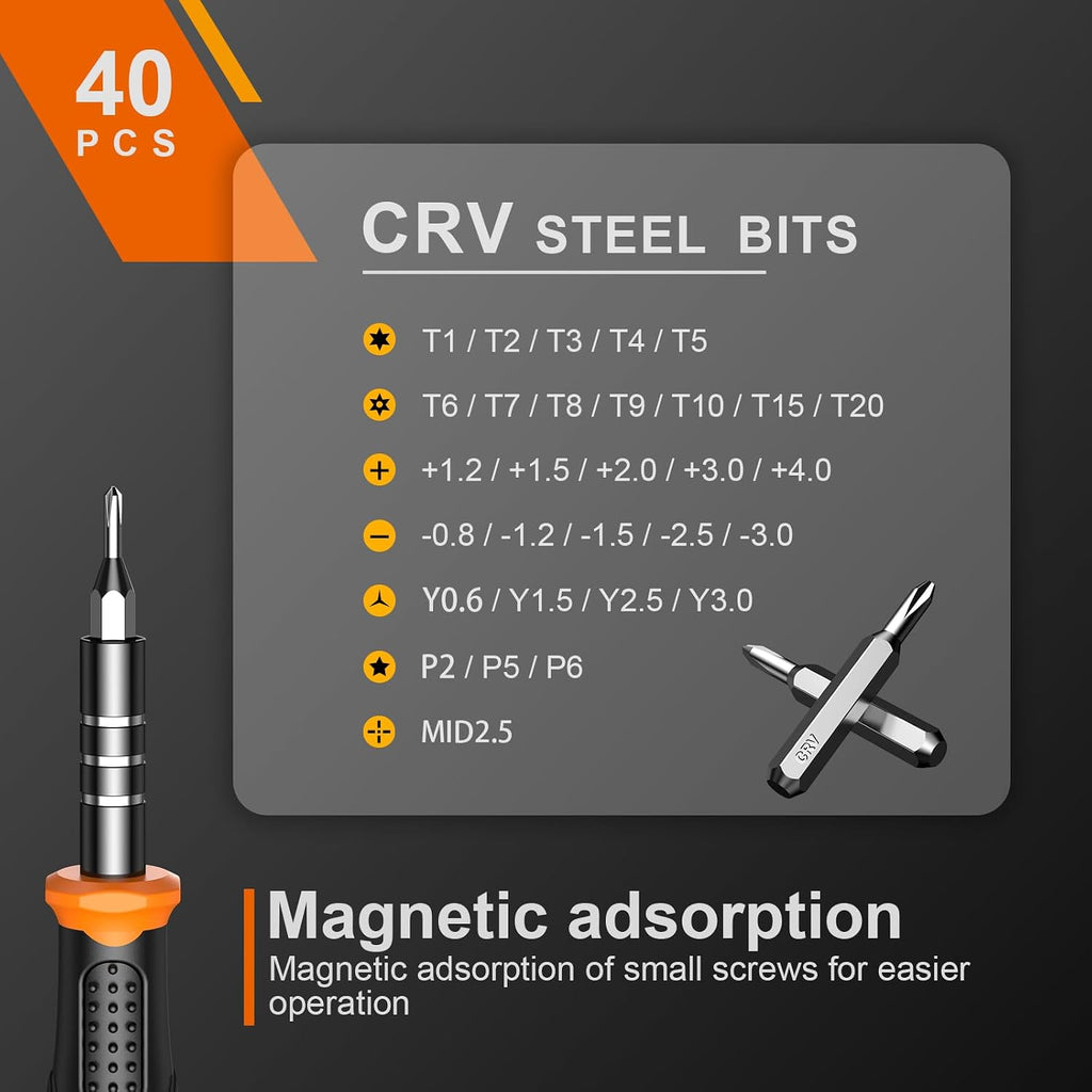 JOREST 40Pcs Destornilladores Precision Kit, Set Herramientas con Torx T1 T2 T3 T4 T5, TR6 T7 T8 T9 T10 T15, Triwing Y00, P2/P5, -1.0/2.0, etc, per Switch, PS4, Joycon, Xbox, PC, Mac, Laptop, Gafas