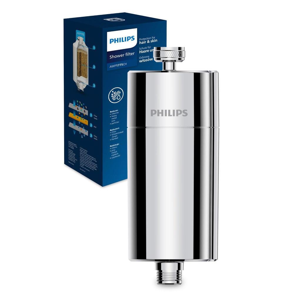 Philips Water Filtro de ducha en línea + 3 cartuchos de repuesto, reduce hasta un 99 % de CLORO, CROMADO, capacidad de filtración de 50 000 L por filtro