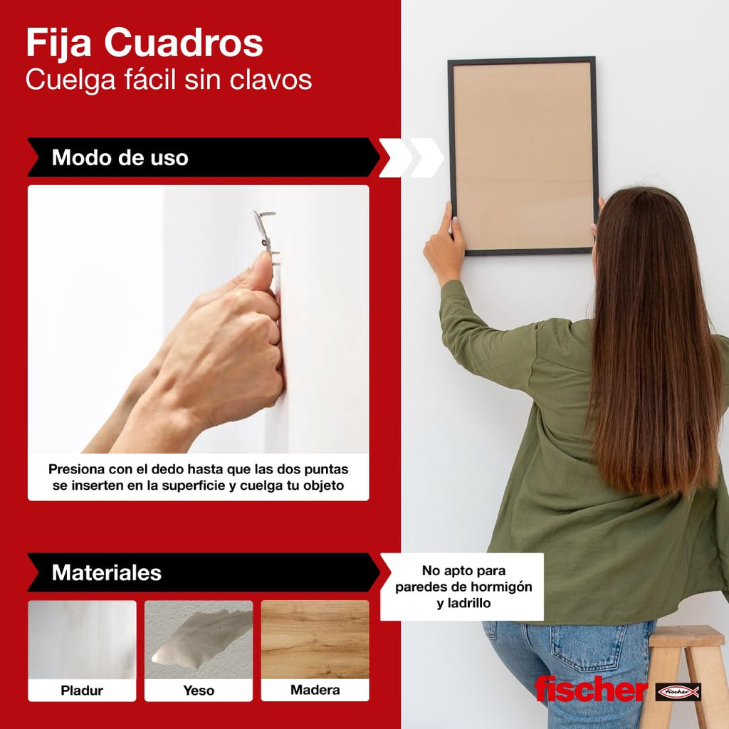 fischer - Fija Cuadros | Ganchos Reutilizables sin Agujeros | hasta 8 Kg de Carga | Ideal para Yeso, Cartón y Madera | Montaje Fácil sin Herramientas | 8 uds | Blanco