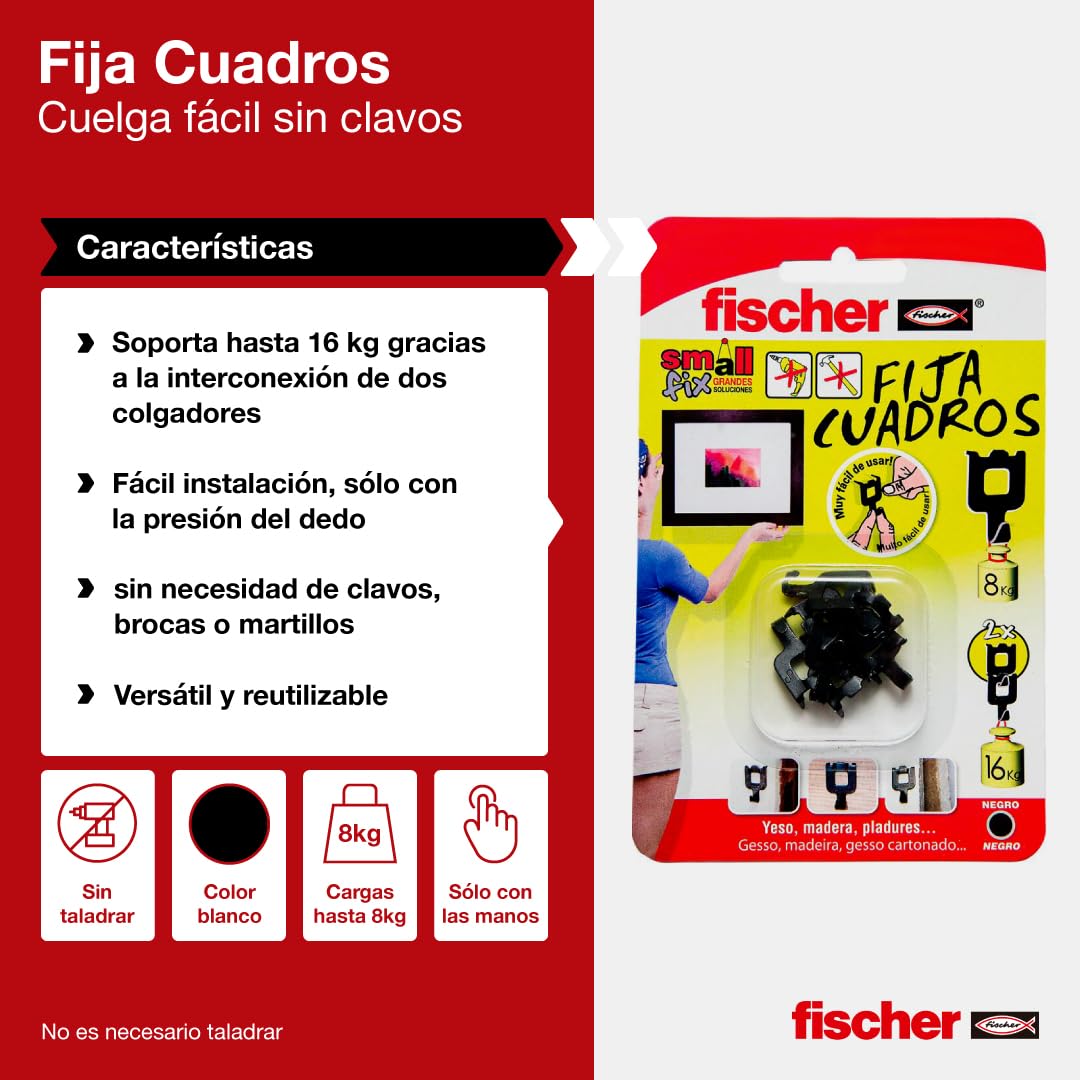 fischer - Fija Cuadros | Ganchos Reutilizables sin Agujeros | hasta 8 Kg de Carga | Ideal para Yeso, Cartón y Madera | Montaje Fácil sin Herramientas | 8 uds | Blanco