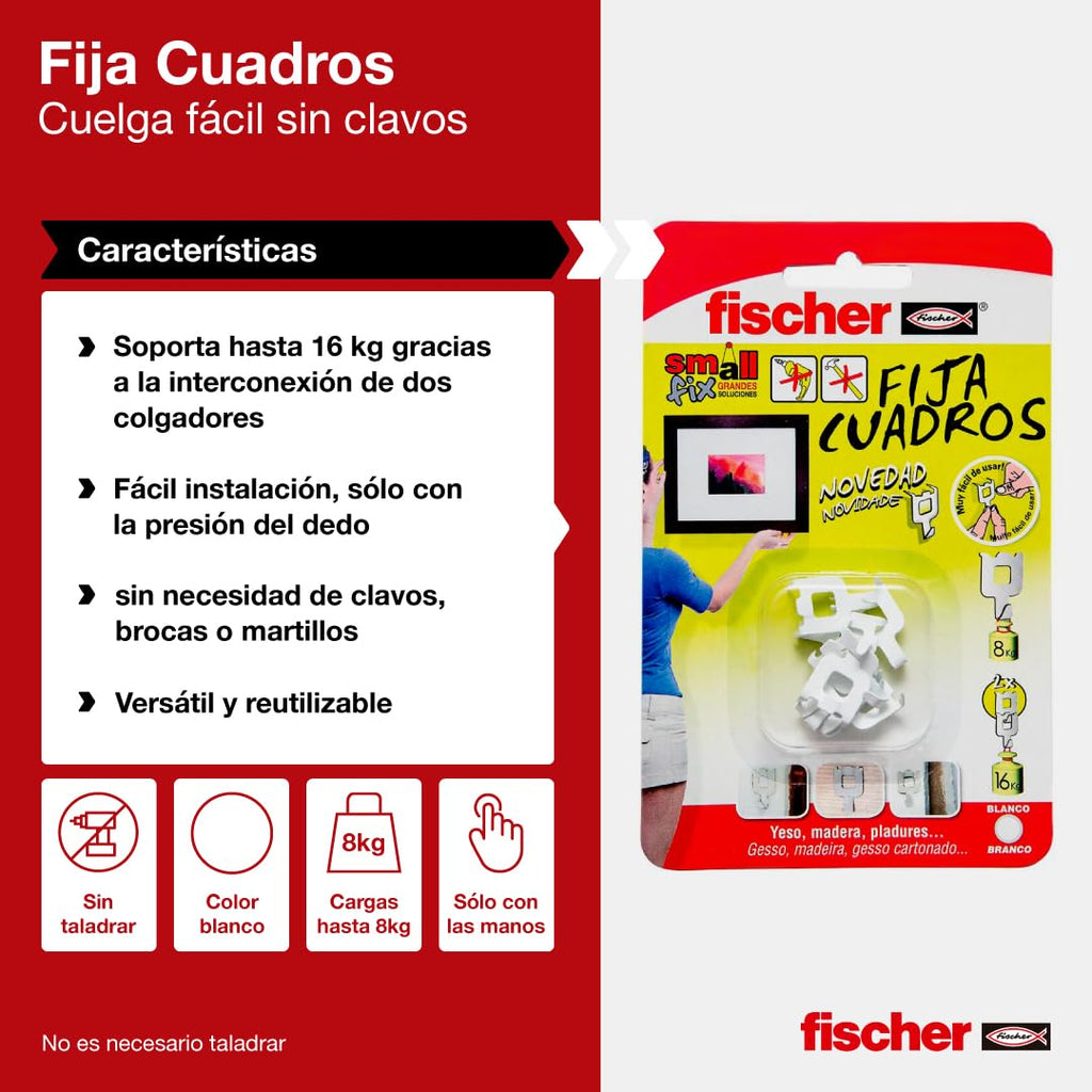 fischer - Fija Cuadros | Ganchos Reutilizables sin Agujeros | hasta 8 Kg de Carga | Ideal para Yeso, Cartón y Madera | Montaje Fácil sin Herramientas | 8 uds | Blanco