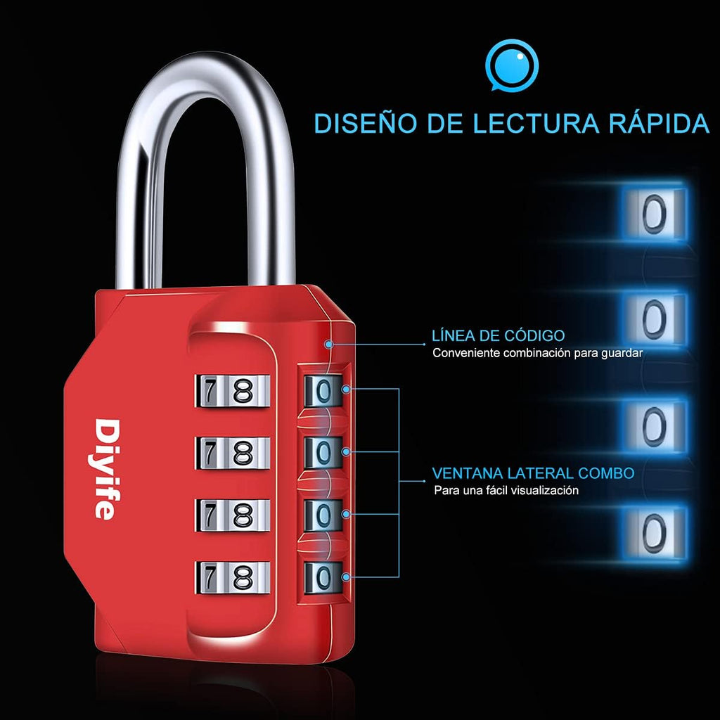 Candado Combinacion, Diyife Impermeable Candado Taquilla, Candado Seguridad 4 Dígitos, Candado para El Casillero del Gimnasio Escolar, Archivadores, Caja De Herramientas,Cerca, Cerrojo (Rojo)