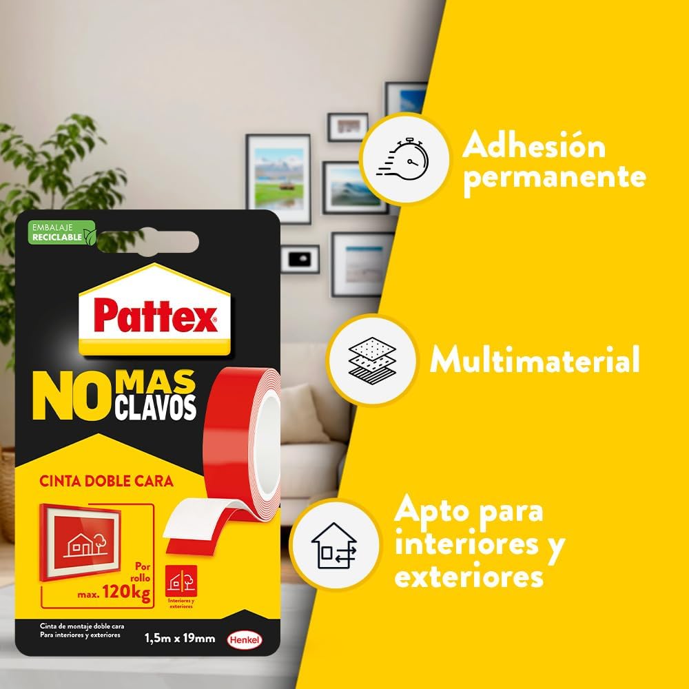 Pattex No Más Clavos Cinta, cinta adhesiva para aplicaciones permanentes, cinta de doble cara extrafuerte, adhesivo de montaje para interior y exterior, 19 mm x 1,5 m