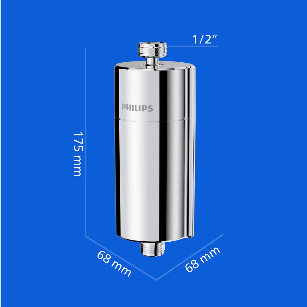 Philips Water Filtro de ducha en línea + 3 cartuchos de repuesto, reduce hasta un 99 % de CLORO, CROMADO, capacidad de filtración de 50 000 L por filtro
