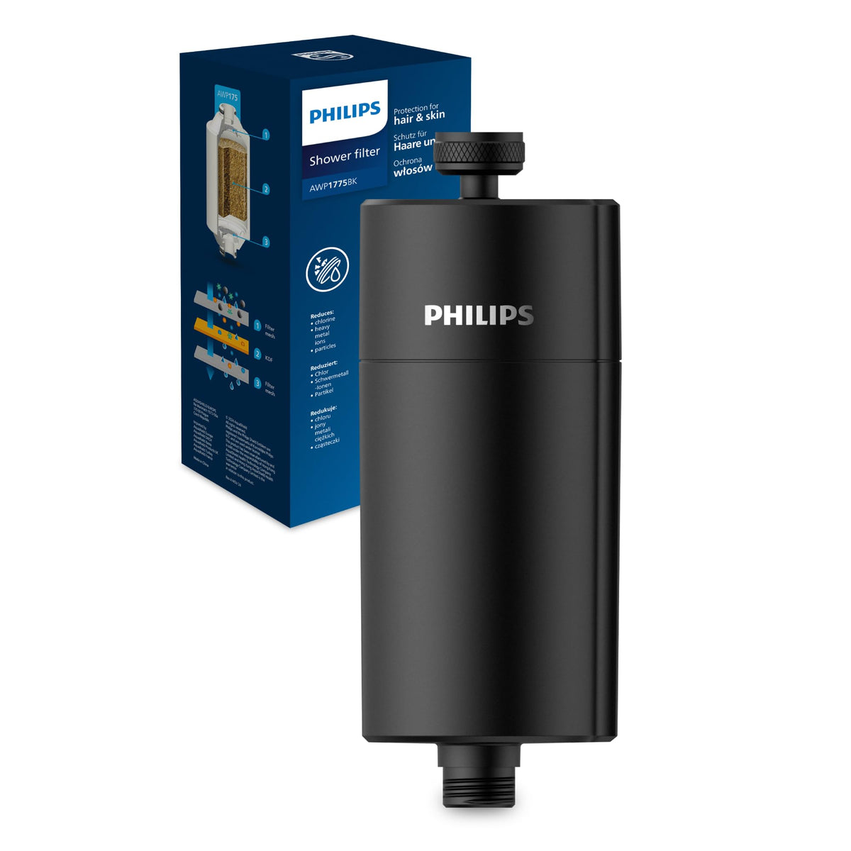 Philips Water Filtro de ducha en línea + 3 cartuchos de repuesto, reduce hasta un 99 % de CLORO, CROMADO, capacidad de filtración de 50 000 L por filtro