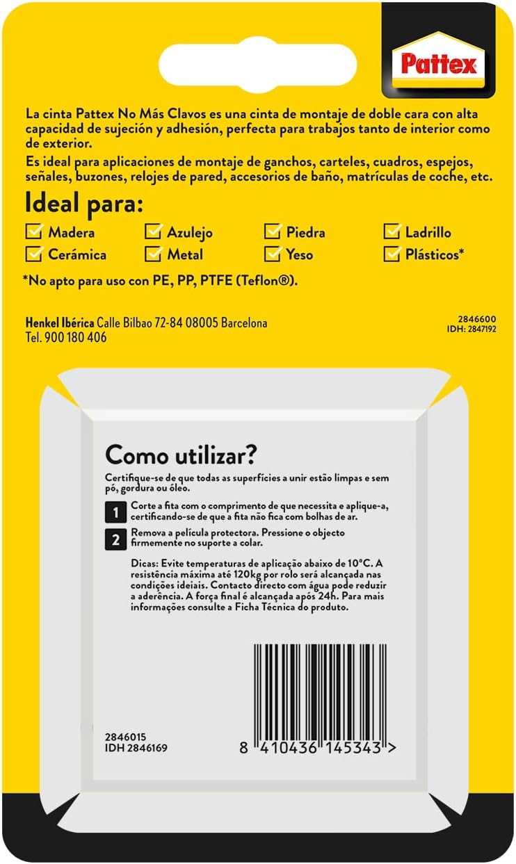 Pattex No Más Clavos Cinta, cinta adhesiva para aplicaciones permanentes, cinta de doble cara extrafuerte, adhesivo de montaje para interior y exterior, 19 mm x 1,5 m