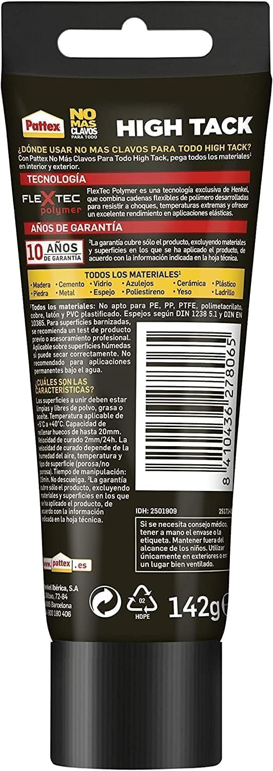 Pattex No Más Clavos Para Todo HighTack, adhesivo de montaje resistente a temperaturas extremas, pegamento fuerte en superficies húmedas, adhesivo blanco, 1 tubo x 142 g