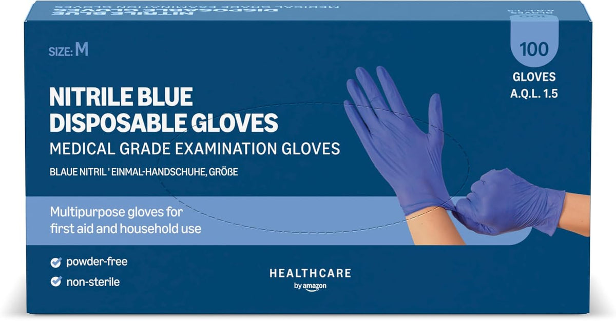 by Amazon Guantes Desechables de Nitrilo Azules, sin Polvo, sin Látex, Talla M, Paquete de 100