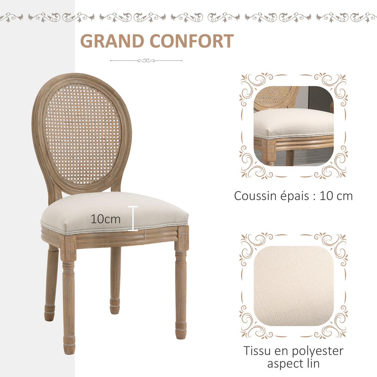 Lot de 4 chaises de Salle à Manger - Chaise de Salon médaillon Style Louis XVI - Bois Massif sculpté, patiné