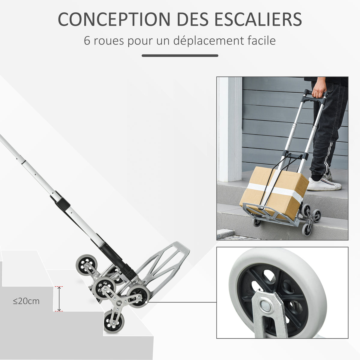 Diable escalier pliant en aluminium avec 6 roues et sangle - charge de 70 kg avec - argent et noir-4