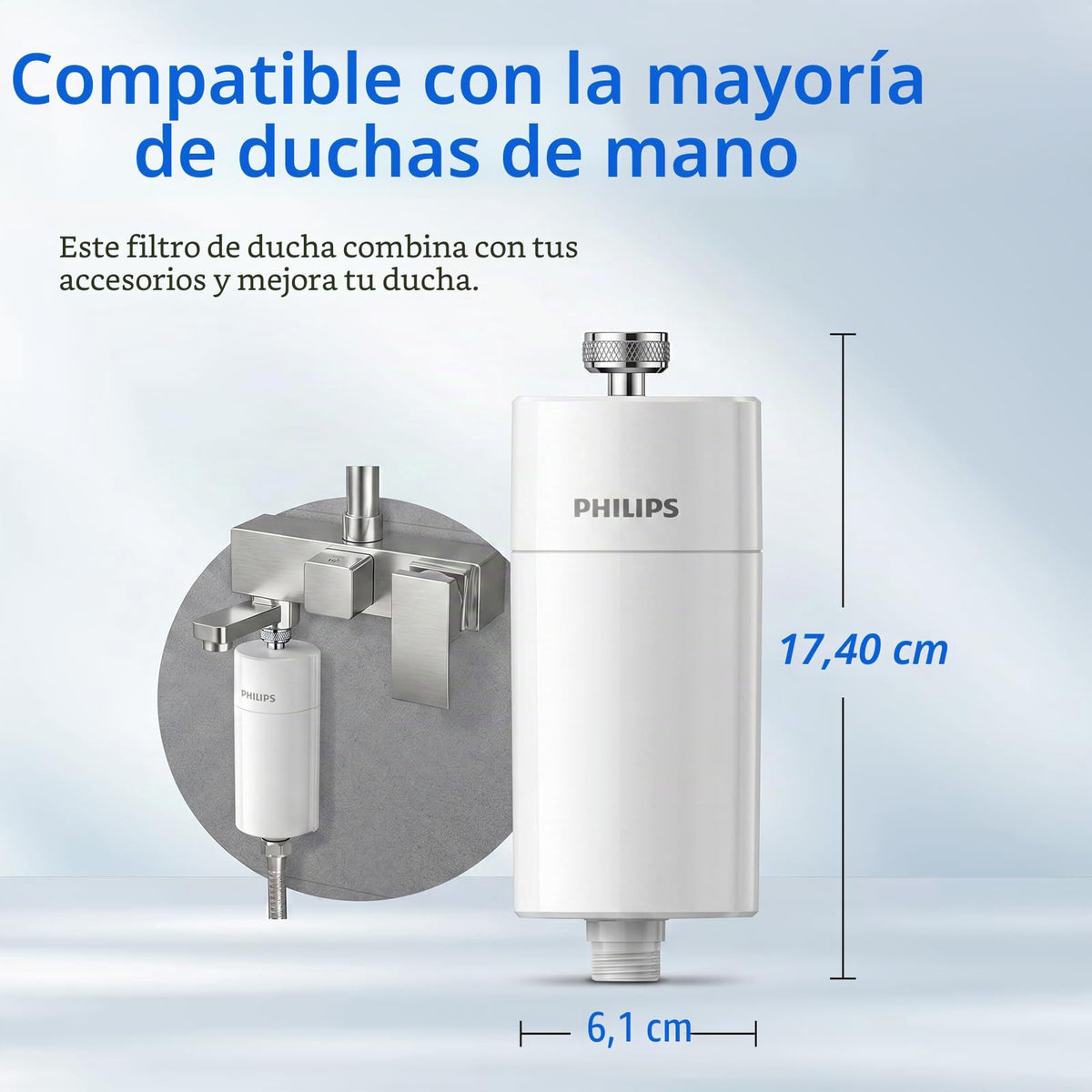 Philips Water Filtro de ducha en línea + 3 cartuchos de repuesto, reduce hasta un 99 % de CLORO, CROMADO, capacidad de filtración de 50 000 L por filtro