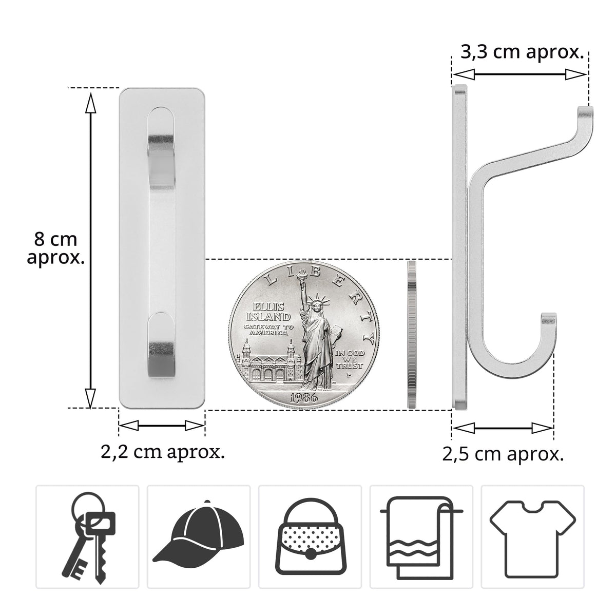 pickpiff Ganchos Adhesivos para Pared, Resistentes 6kg, Sin Taladrar, Impermeable, Colgadores para Baño Cocina Abrigos, Perchas Adhesivas de Acero Inoxidable, Negro, 6 Piezas
