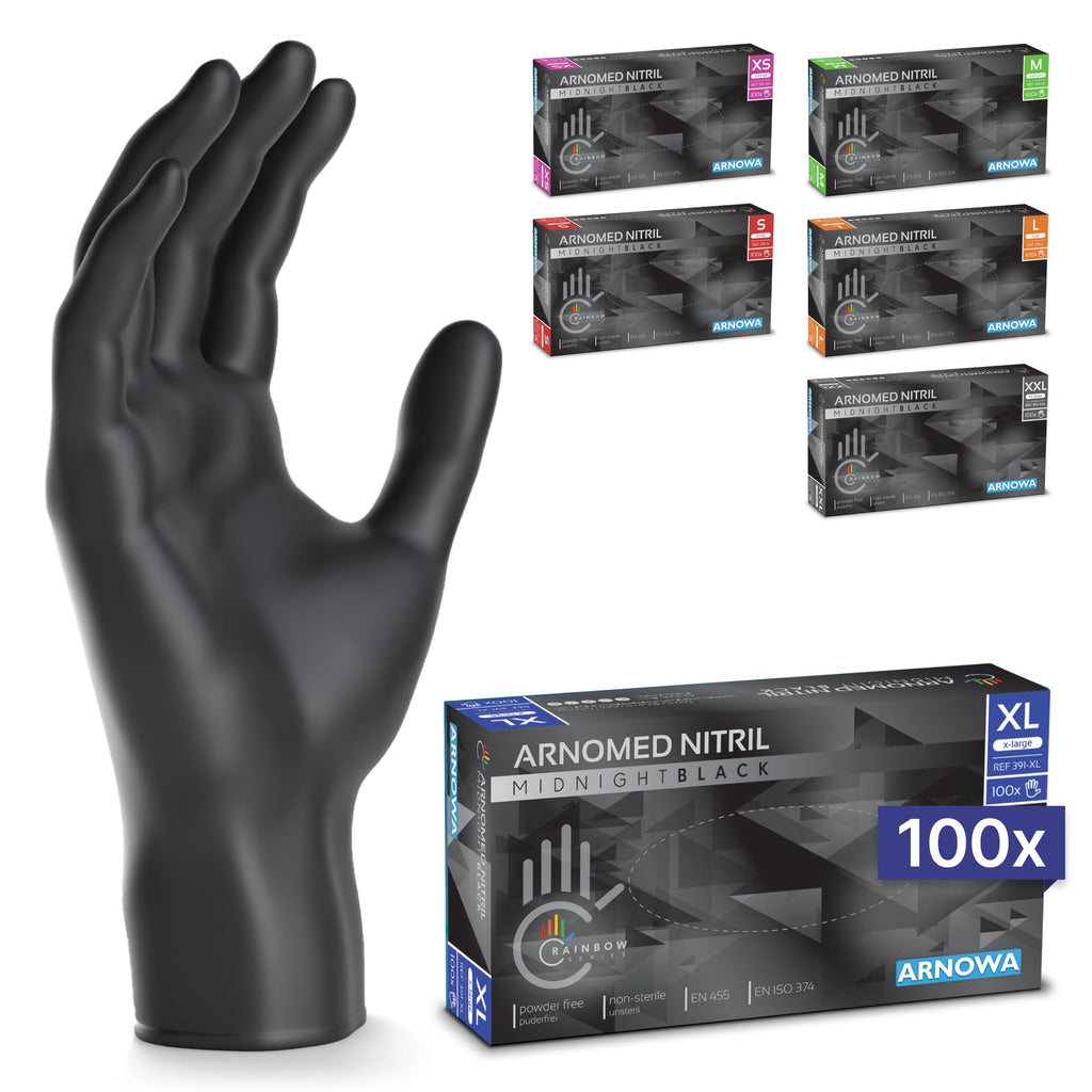 100x ARNOMED® Guantes nitrilo talla L Negro, Guantes desechables quirurgicos y laboratorio, Luvas nitrilo descartaveis sin polvo y látex, Manoplas nitrilo en XS, S, M, L, XL, XXL