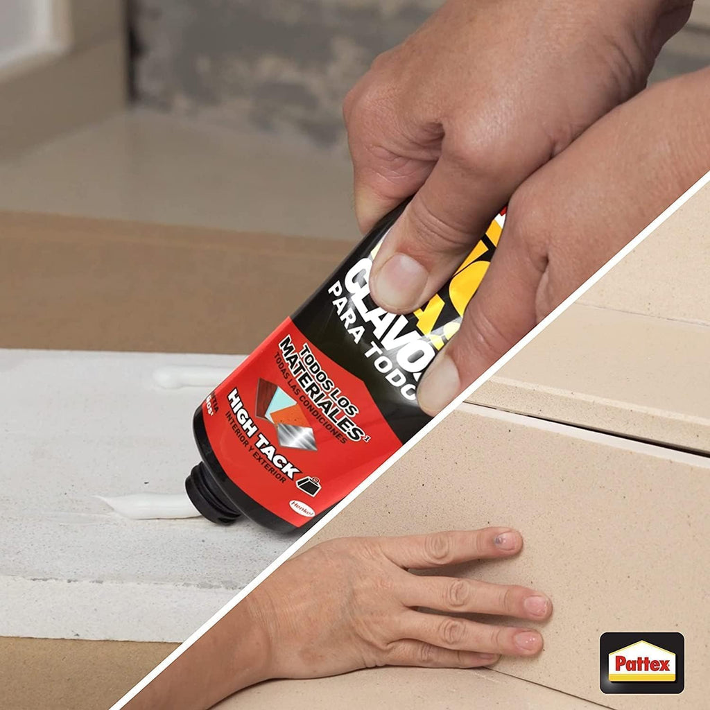 Pattex No Más Clavos Para Todo HighTack, adhesivo de montaje resistente a temperaturas extremas, pegamento fuerte en superficies húmedas, adhesivo blanco, 1 tubo x 142 g