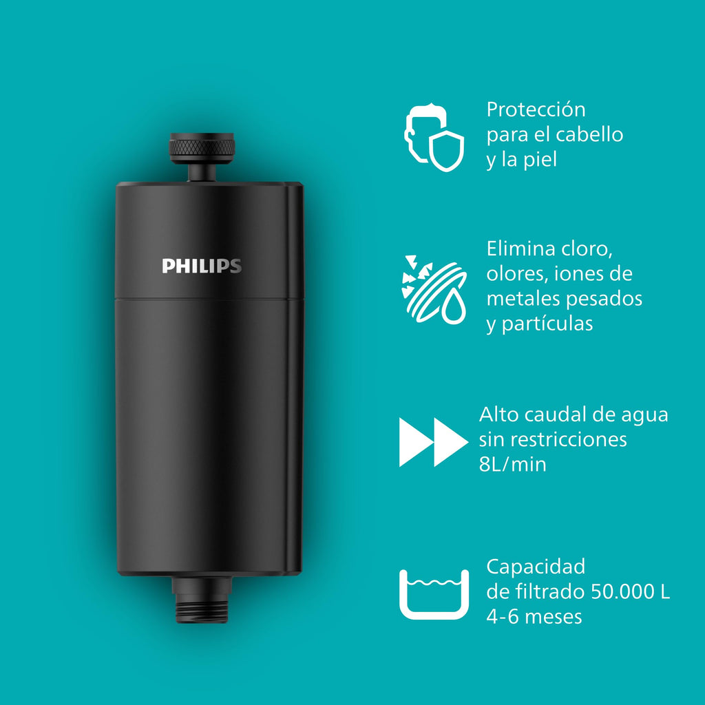 Philips Water Filtro de ducha en línea + 3 cartuchos de repuesto, reduce hasta un 99 % de CLORO, CROMADO, capacidad de filtración de 50 000 L por filtro
