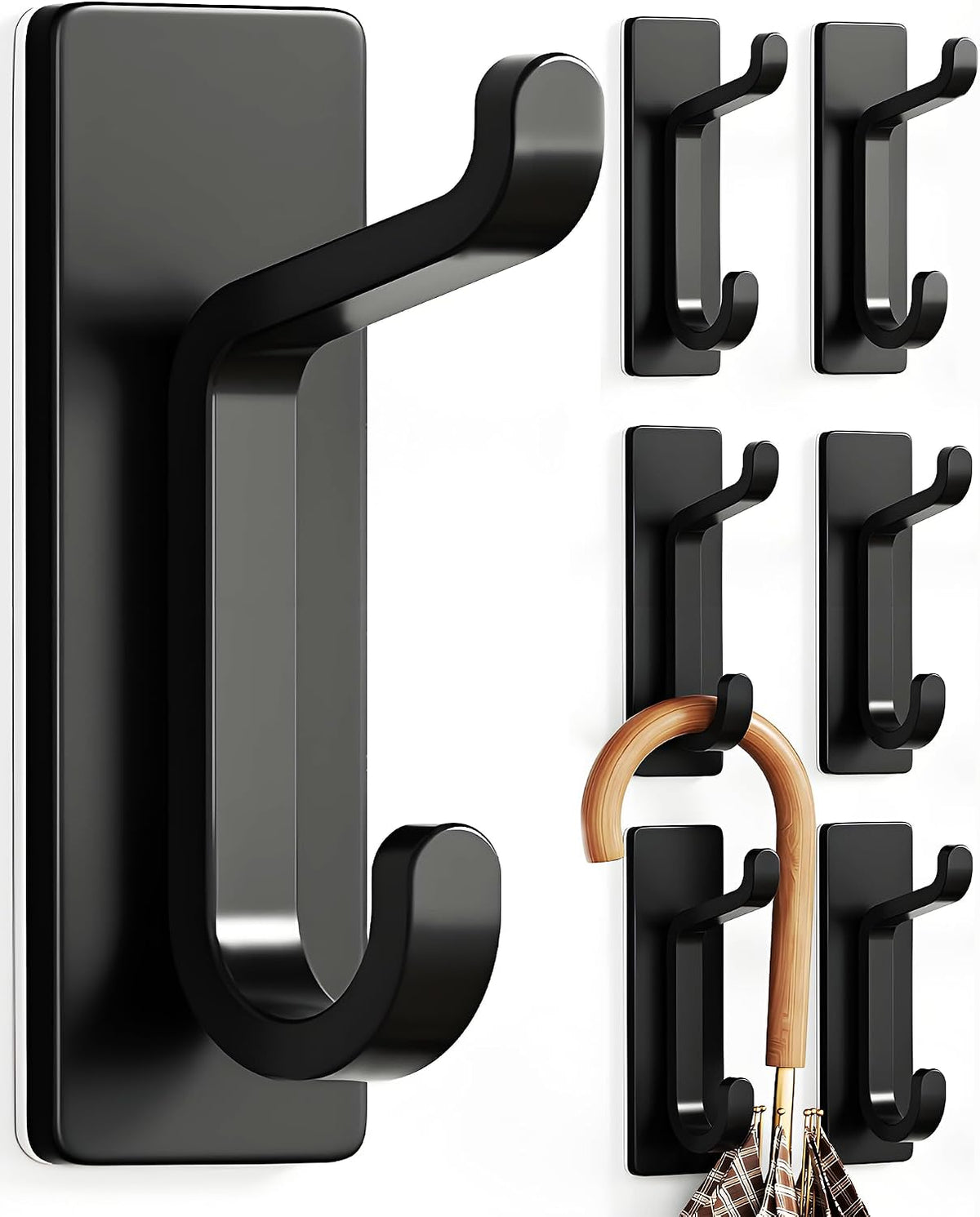 pickpiff Ganchos Adhesivos para Pared, Resistentes 6kg, Sin Taladrar, Impermeable, Colgadores para Baño Cocina Abrigos, Perchas Adhesivas de Acero Inoxidable, Negro, 6 Piezas