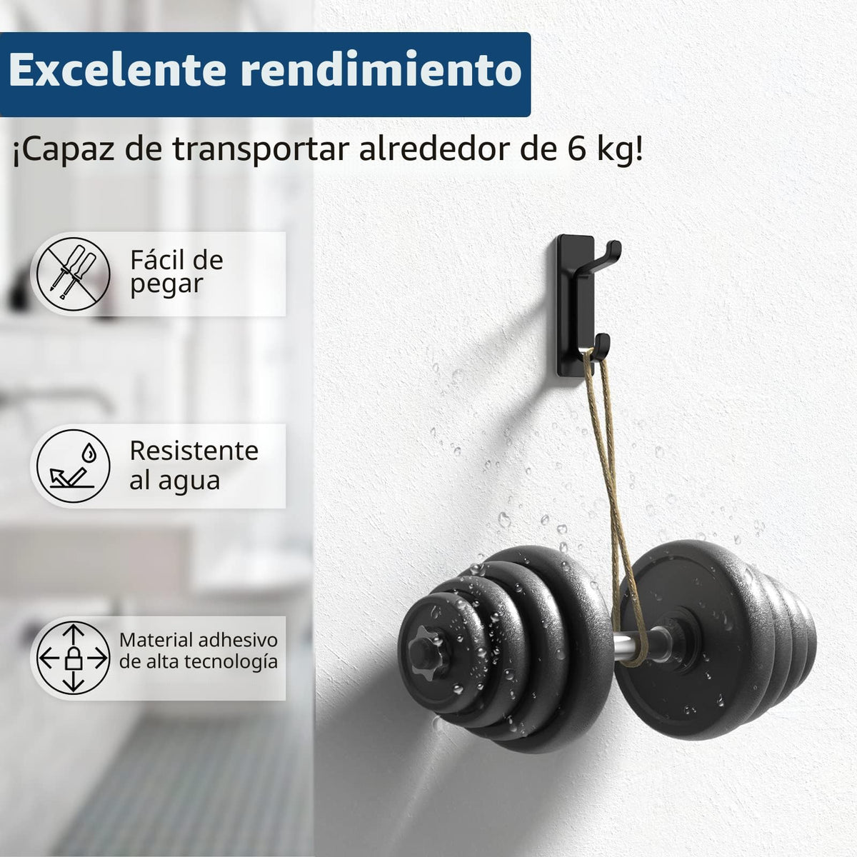 pickpiff Ganchos Adhesivos para Pared, Resistentes 6kg, Sin Taladrar, Impermeable, Colgadores para Baño Cocina Abrigos, Perchas Adhesivas de Acero Inoxidable, Negro, 6 Piezas