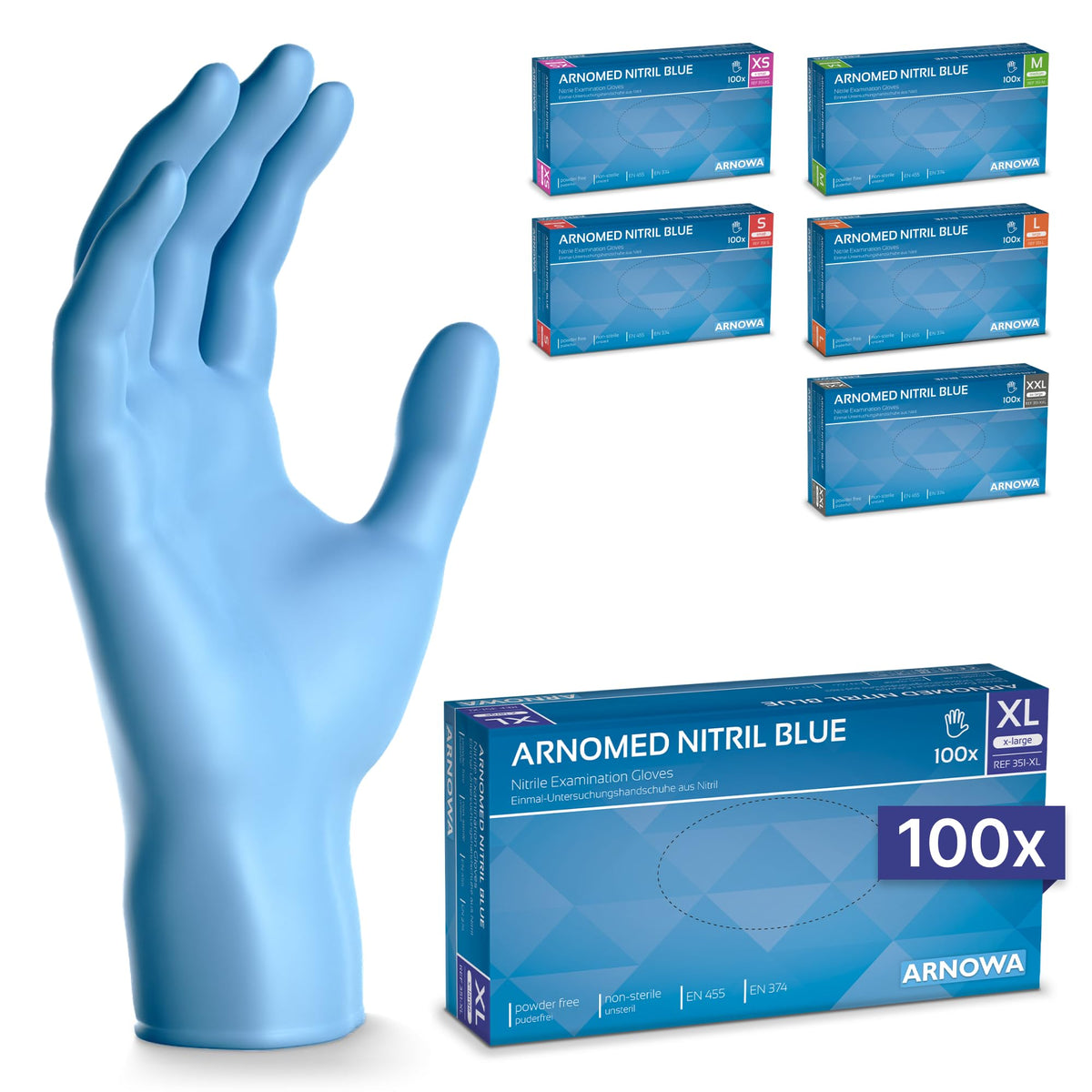 100x ARNOMED® Guantes nitrilo talla L Negro, Guantes desechables quirurgicos y laboratorio, Luvas nitrilo descartaveis sin polvo y látex, Manoplas nitrilo en XS, S, M, L, XL, XXL