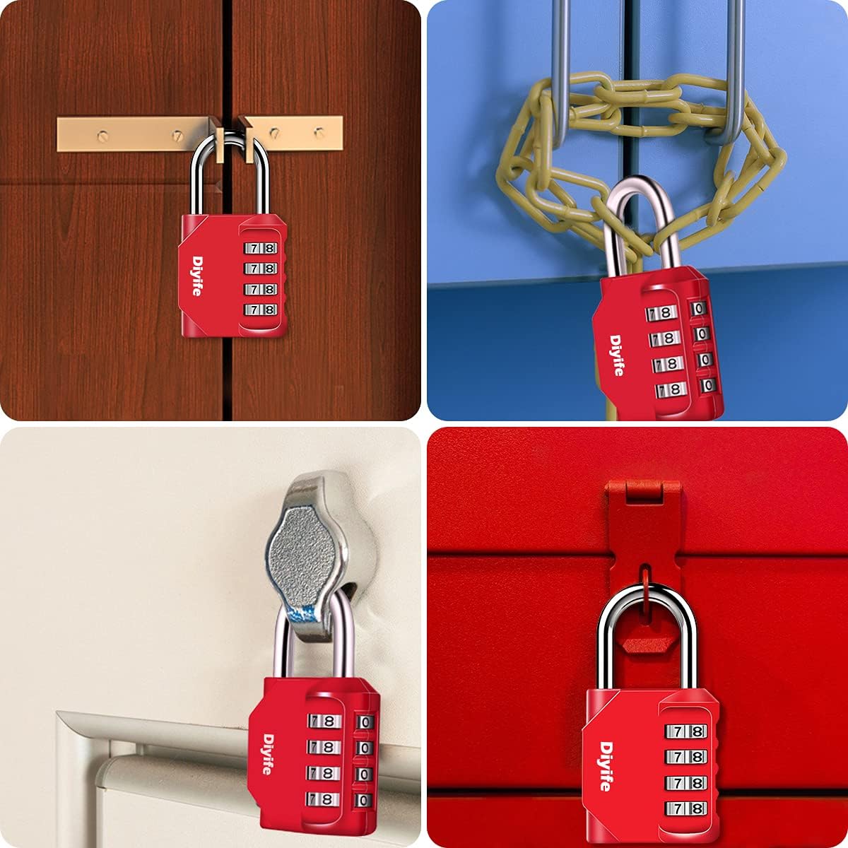 Candado Combinacion, Diyife Impermeable Candado Taquilla, Candado Seguridad 4 Dígitos, Candado para El Casillero del Gimnasio Escolar, Archivadores, Caja De Herramientas,Cerca, Cerrojo (Rojo)