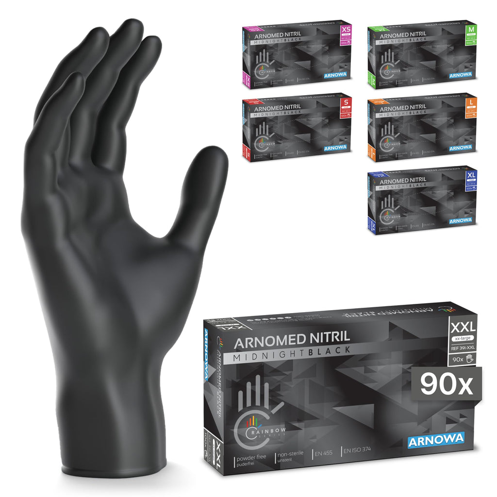 100x ARNOMED® Guantes nitrilo talla L Negro, Guantes desechables quirurgicos y laboratorio, Luvas nitrilo descartaveis sin polvo y látex, Manoplas nitrilo en XS, S, M, L, XL, XXL