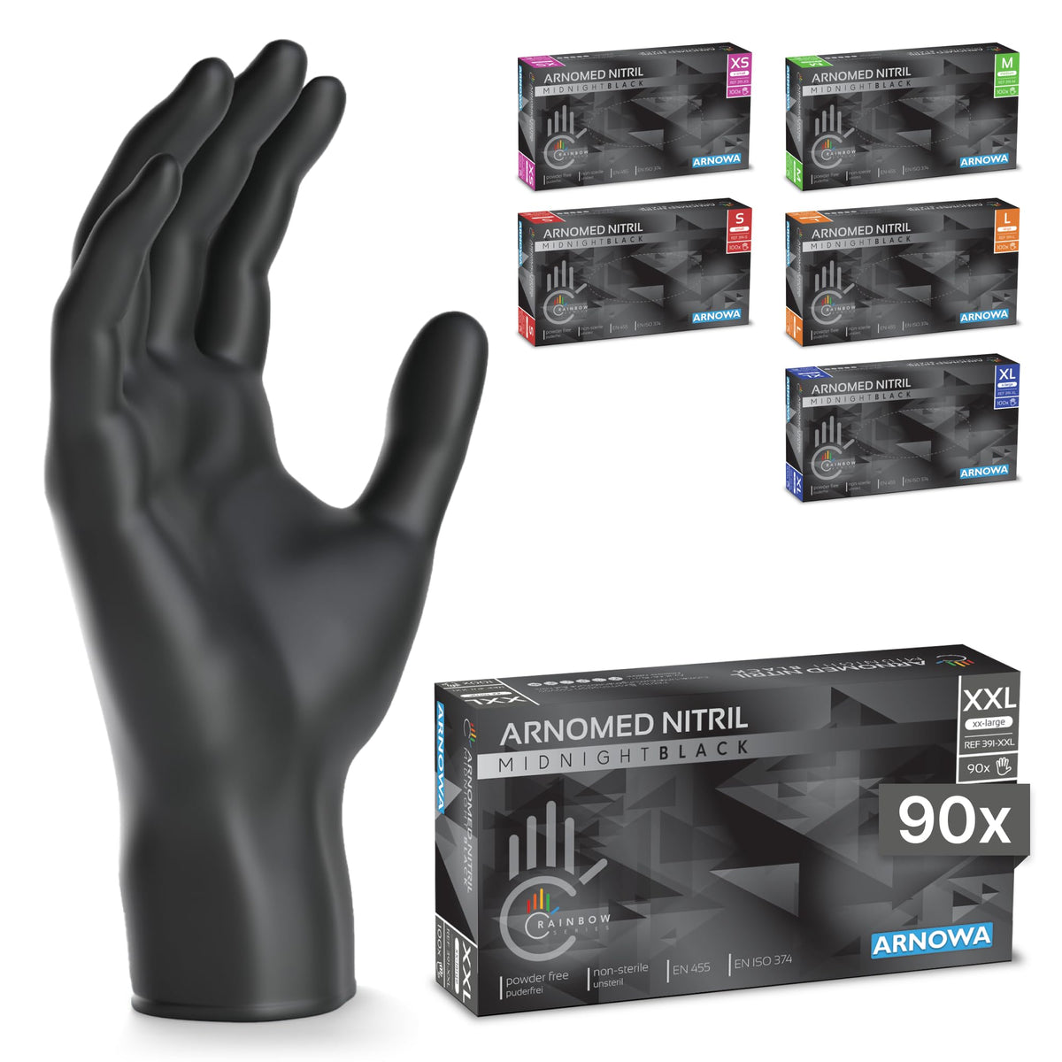 100x ARNOMED® Guantes nitrilo talla L Negro, Guantes desechables quirurgicos y laboratorio, Luvas nitrilo descartaveis sin polvo y látex, Manoplas nitrilo en XS, S, M, L, XL, XXL