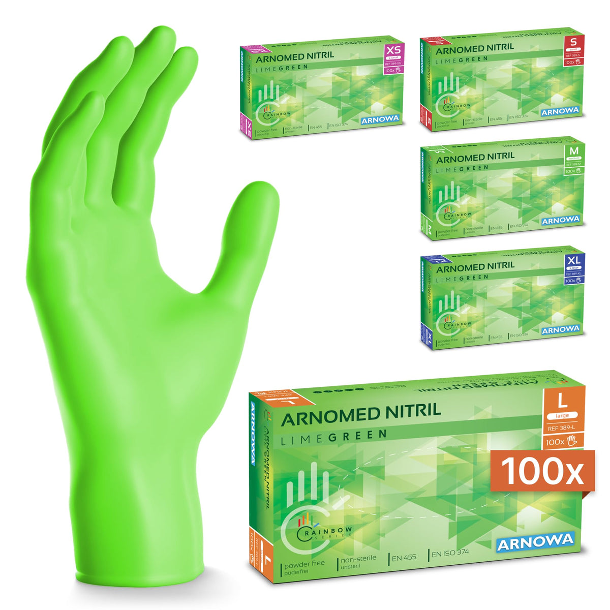 100x ARNOMED® Guantes nitrilo talla L Negro, Guantes desechables quirurgicos y laboratorio, Luvas nitrilo descartaveis sin polvo y látex, Manoplas nitrilo en XS, S, M, L, XL, XXL