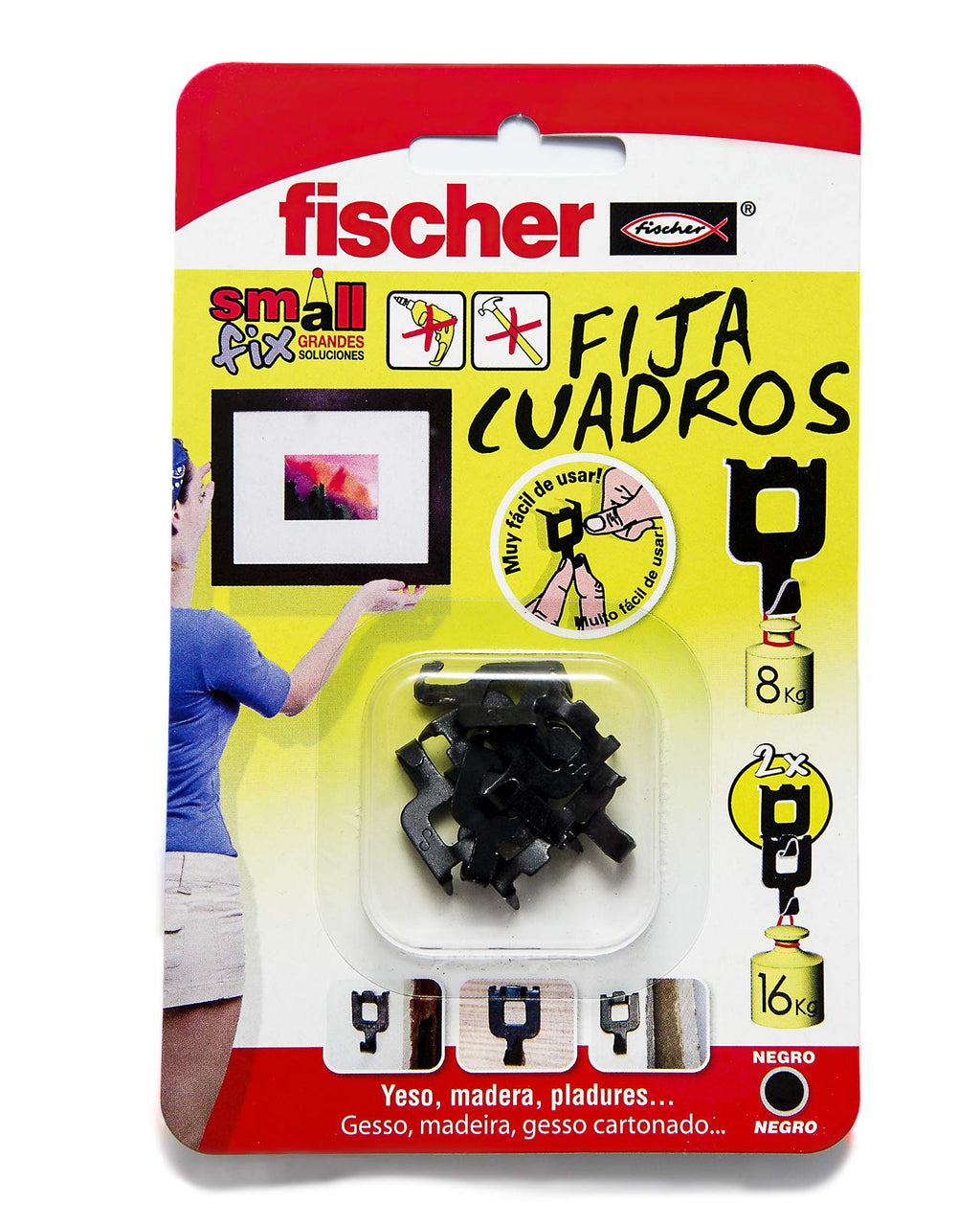 fischer - Fija Cuadros | Ganchos Reutilizables sin Agujeros | hasta 8 Kg de Carga | Ideal para Yeso, Cartón y Madera | Montaje Fácil sin Herramientas | 8 uds | Blanco