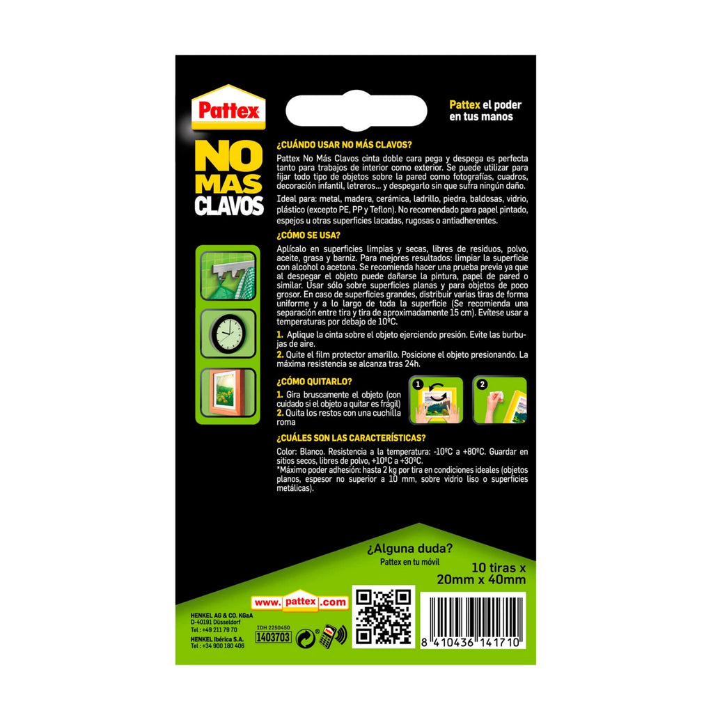 Pattex No Más Clavos Cinta, cinta adhesiva para aplicaciones permanentes, cinta de doble cara extrafuerte, adhesivo de montaje para interior y exterior, 19 mm x 1,5 m