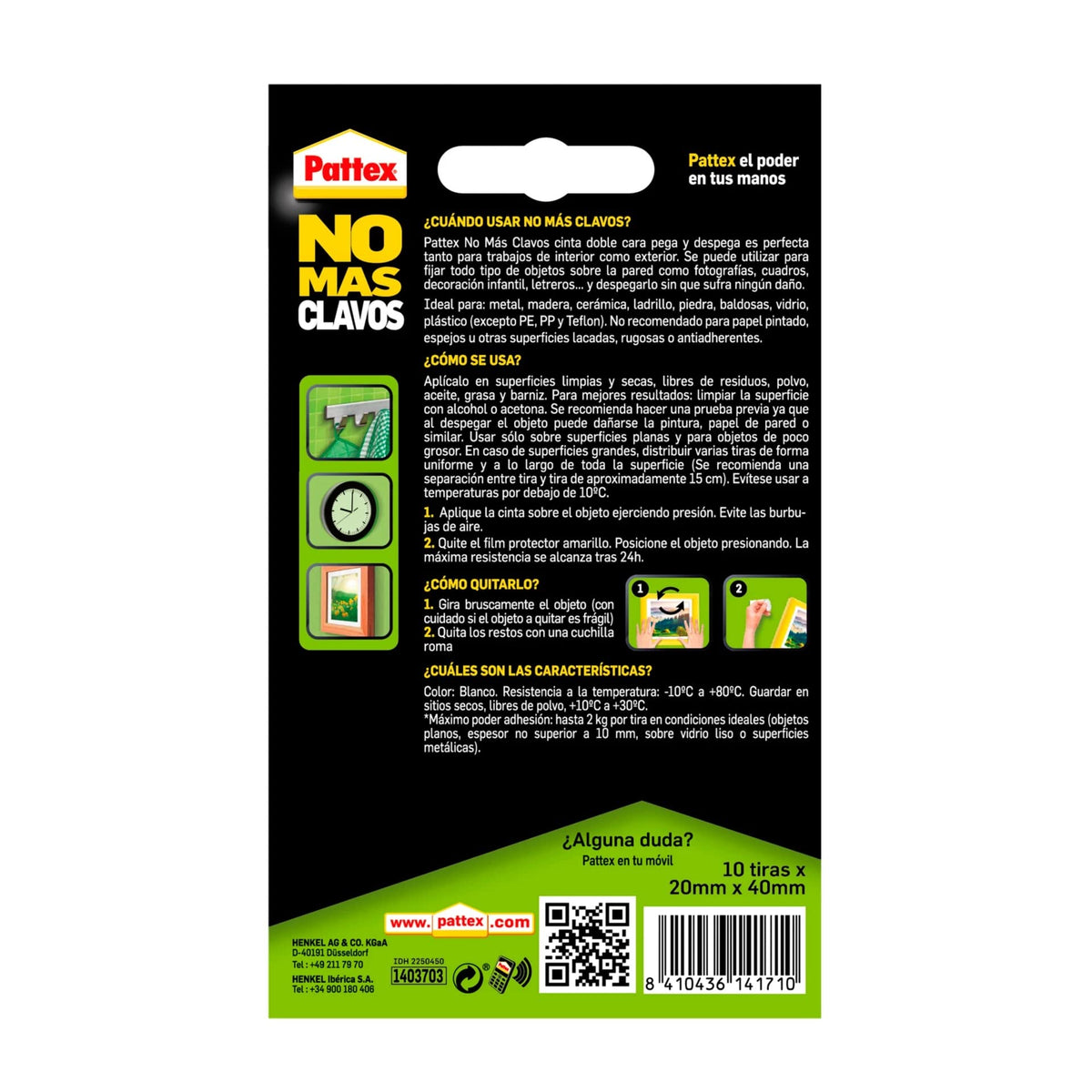 Pattex No Más Clavos Cinta, cinta adhesiva para aplicaciones permanentes, cinta de doble cara extrafuerte, adhesivo de montaje para interior y exterior, 19 mm x 1,5 m