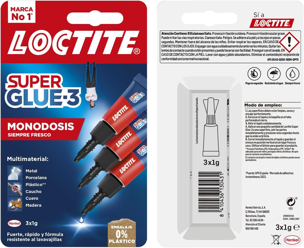 Loctite Super Glue-3 Monodosis, Pegamento Instantáneo Transparente, 3 x 1 g