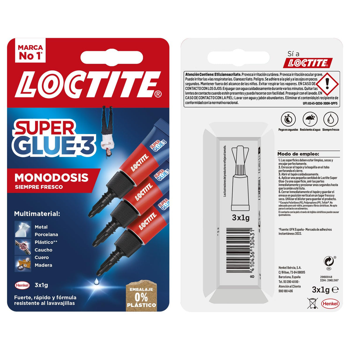 Loctite Super Glue-3 Monodosis, Pegamento Instantáneo Transparente, 3 x 1 g