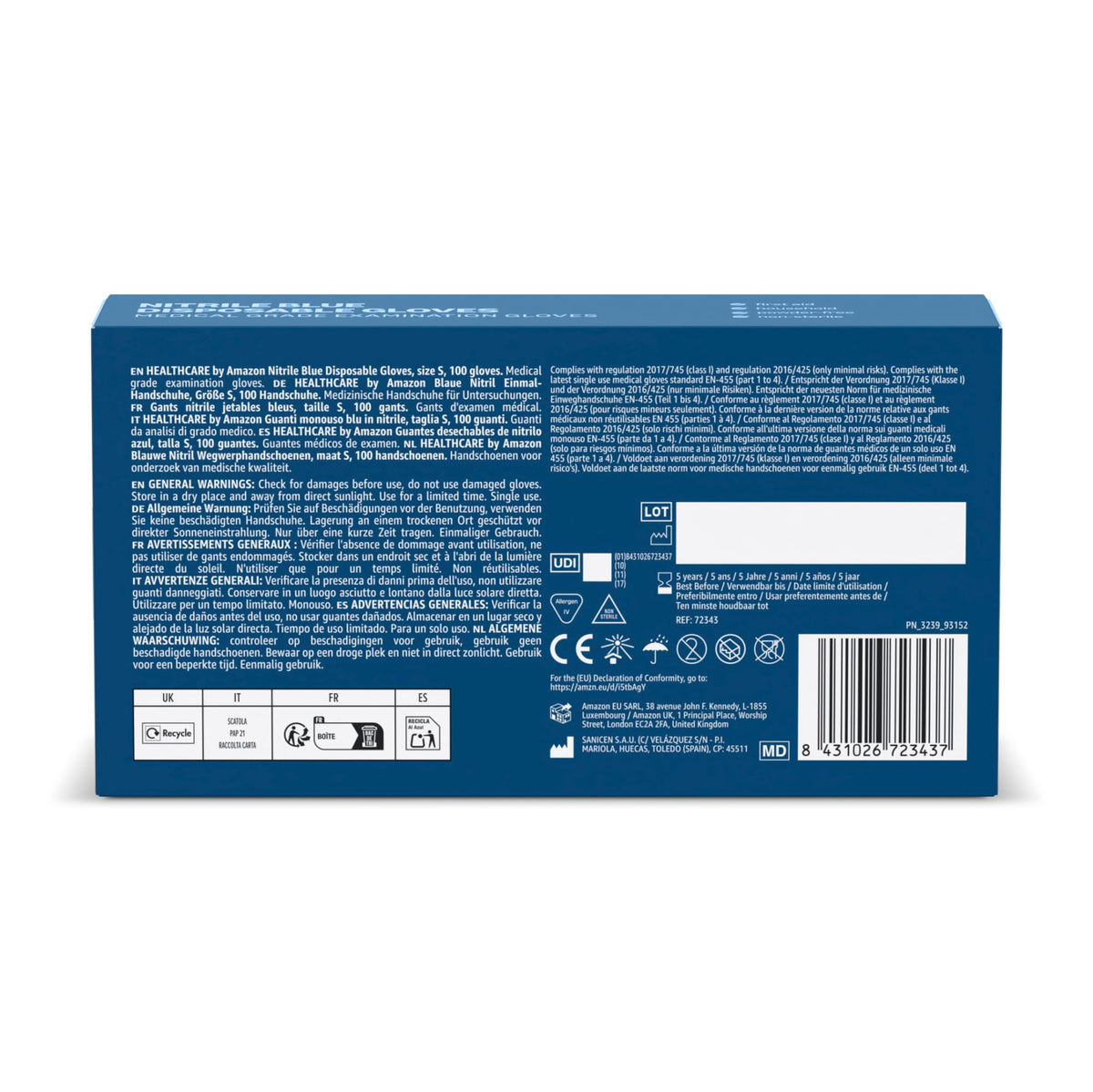 by Amazon Guantes Desechables de Nitrilo Azules, sin Polvo, sin Látex, Talla M, Paquete de 100