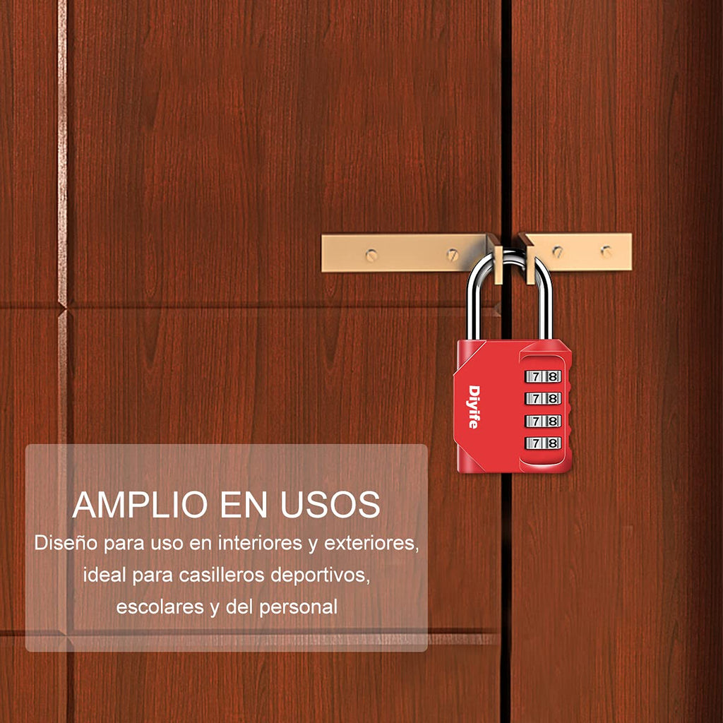 Candado Combinacion, Diyife Impermeable Candado Taquilla, Candado Seguridad 4 Dígitos, Candado para El Casillero del Gimnasio Escolar, Archivadores, Caja De Herramientas,Cerca, Cerrojo (Rojo)