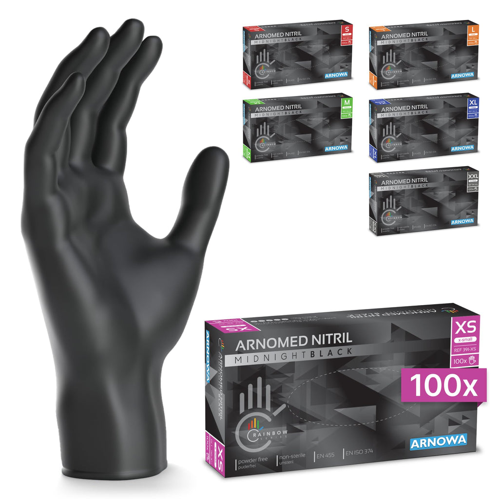100x ARNOMED® Guantes nitrilo talla L Negro, Guantes desechables quirurgicos y laboratorio, Luvas nitrilo descartaveis sin polvo y látex, Manoplas nitrilo en XS, S, M, L, XL, XXL