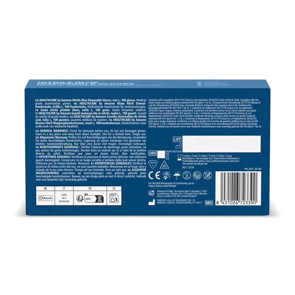 by Amazon Guantes Desechables de Nitrilo Azules, sin Polvo, sin Látex, Talla M, Paquete de 100