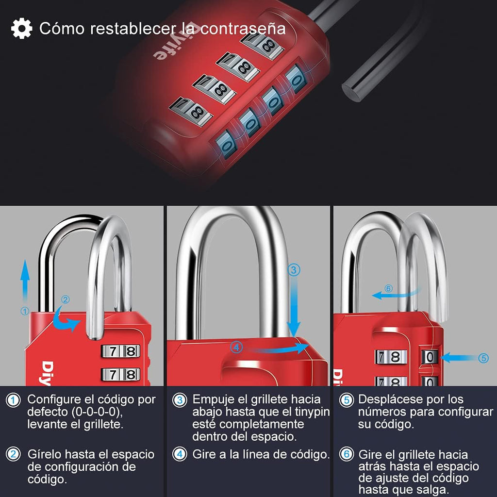 Candado Combinacion, Diyife Impermeable Candado Taquilla, Candado Seguridad 4 Dígitos, Candado para El Casillero del Gimnasio Escolar, Archivadores, Caja De Herramientas,Cerca, Cerrojo (Rojo)