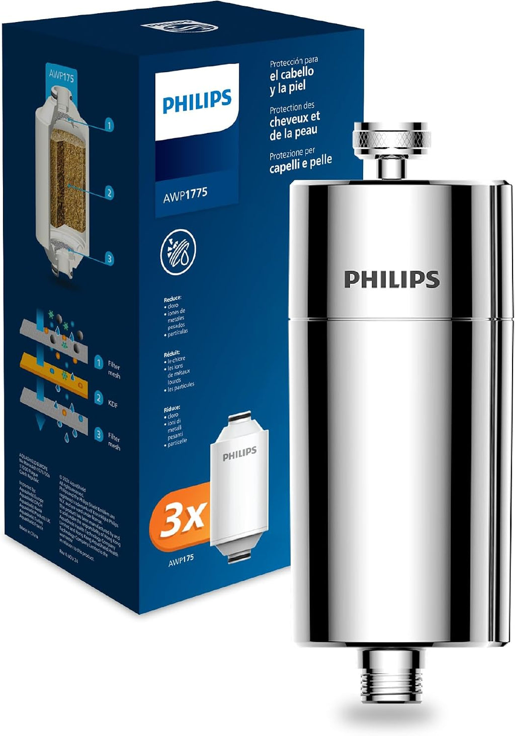 Philips Water Filtro de ducha en línea + 3 cartuchos de repuesto, reduce hasta un 99 % de CLORO, CROMADO, capacidad de filtración de 50 000 L por filtro